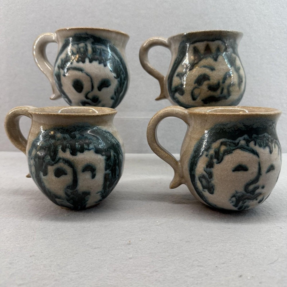 Vintage Studio Art Pottery Stoneware Face Mugs Set of 4 - Blue & Cream Glaze